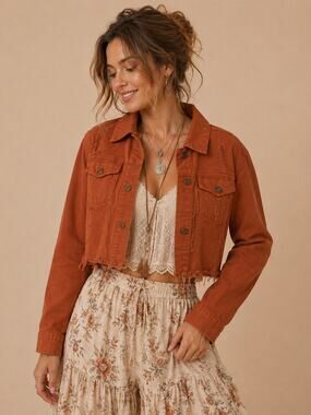 Love Tree Cropped Denim Jacket Medium Distressed Fringe Raw Hem Rust Brown